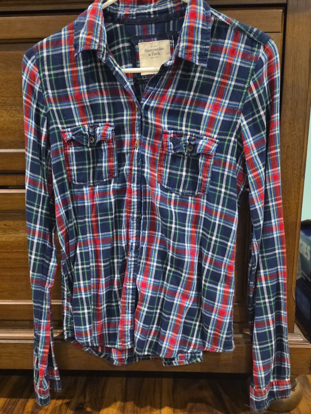 Abercrombie & Fitch Men's Red, Navy & Green Plaid Button-Down Shirt